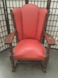 Elegant early 1900s antique carved wood chair w/vinyl leather upholstery, approx. 31x28x43 inches.