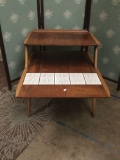 Mid century modern Maple and teak tile top side table. Measures approx 29x22x21 inches. MB