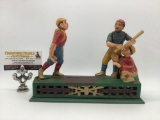 Antique painted cast iron baseball coin bank, marked: Home Town Battery - ... From the Original in