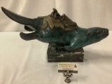 1988 bronze sculpture of a man riding a beaver by Jacques & Mary Regat #'d 18/30 on marble base