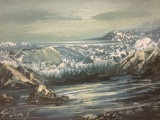Original oil painting of cresting wave scene. Signed by artist. Measures approx 14.5x12.5 inches.