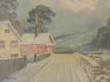 Original oil painting of snowy street scene. Signed by artist, measures approx 14x11 inches.