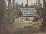 Original oil painting of cabin homestead by Robert Walton. Measures approx 14.5x11.5 inches.