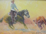 Original oil painting of cowboy and calf by 20th century western artist Phil Kooser. Measures approx