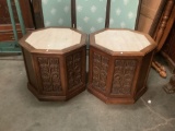 Pair of vintage granite top carved wood night stands with storage. They measure approx 24x24x21