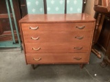 Vintage mid century modern 1956 metal and mahogany veneer dresser with brass handles. Measures