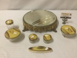 Vintage vanity cases /make up set, incl. French ivory and glass jars, a mirror, a French ivory