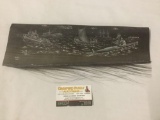 2004 Scrimshaw whale baleen art of kayak and boat scene by Joh Peterson. Measures approx 15x5