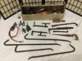 Vintage tool crate full of vintage crowbars, clamps, sanders, saws, and other misc. tools. Approx.