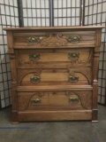 Antique late 1800s dynamic carved oak dresser, key not provided, 40x20x42 inches. JRL