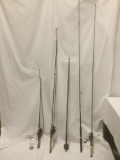 Five fishing rods and four reels, incl. a Mitchell 300A reel on a Wright & McGill 6.5 ft rod,