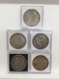 Collection of 5 silver Morgan dollars. 1900, 1921, 1902, 1886-O, 1898-S. MB