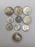Collection of silver US coins. Standing liberty, 3 1964 silver Kennedy half dollars, 1953 Franklin