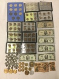 Collection of US coinage and Banknotes. 7 walking liberty silver half dollars, 2 1976 $2 Bills, 2003