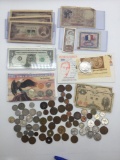 Collection of foreign and US coinage and banknotes. Some silver coins included. France, Japan,