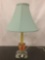 Vintage table lamp w/glass base & blue shade, some wear see pics, approx. 11x11x18 inches.