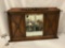 Antique wall hanging wood frame mirror, approx 36 x 23 x 2 inches.