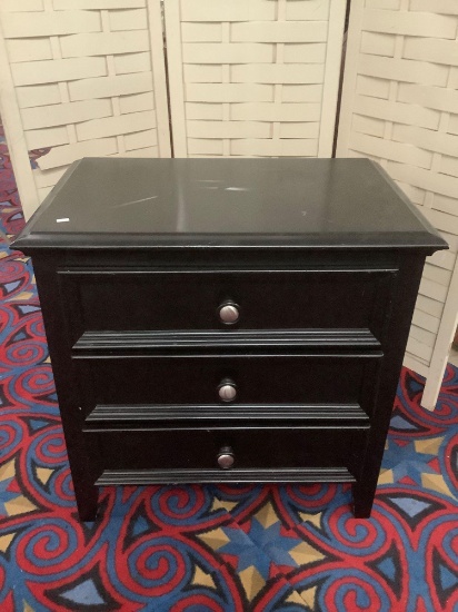 Modern black 3 drawer dresser by Winners MFG Co. approx 28x28x18 inches.