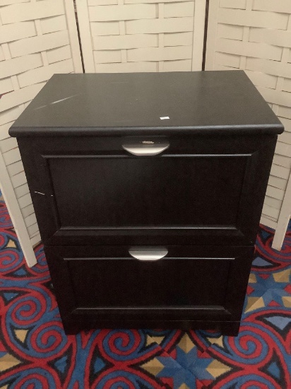 Modern wood black 2 drawer file cabinet with file dividers, approx 23x16x30 inches.