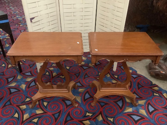 Pair of vintage wood carved end tables w/ classic design, approx 22x16x26 inches.