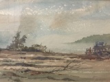 Original watercolor painting of a shoreline at low tide, signed by unknown artist.