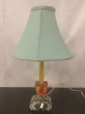 Vintage table lamp w/glass base & blue shade, some wear see pics, approx. 11x11x18 inches.