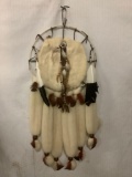 Dream catcher Native American style art piece w/ leather, fur, beads and feathers approx 14x36 inch