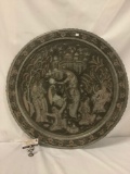 Vintage large metal (copper?) table top with incised scene of a festive gathering, approx 30 inches