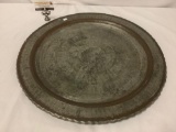 Antique metal tray table top with intricate incised design, approx 23 inches