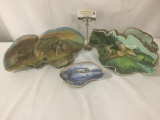 Three pieces of painted mushroom art, depicting rural scenes, approx. 14x8x8 inches.