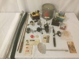 Lot of vintage fishing equipment, incl. nine fishing reels, a minnow bucket, and more!