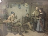 Framed vintage print of 1882 Ankin (?) painting depicting a Victorian family approx. 8x7.5x1 inches