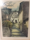 Original pen and watercolor piece of street scene signed by artist,