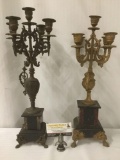 Pair of antique etched stone & brass base candleabras with ornate design - as is