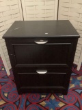 Modern wood black 2 drawer file cabinet with file dividers, approx 23x16x30 inches.