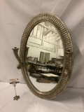 Modern wall hanging mirror with electric candlestick light fixtures, untested, approx 22x33x5 inches
