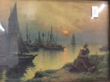 Print of woman and child sitting by harbor. Measures approx 10.5x8 inches