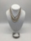 Three strand pearl necklace with 10k gold clasp, pewter bracelet and estate necklace.