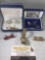 Lot of jewelry and watch; cuff links and tie pin with bird design, cuff link sets, Elgin watch