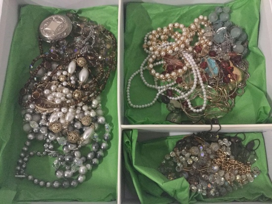 Large collection of estate jewelry. Box measures approx 13x10x2.5 inches.
