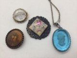3 brooches and a pendant. Antique German, antique, and glass cameos.