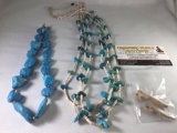 5piece lot; turquoise stone necklace, turquoise and shell 3-stand necklace, bracelet , plus 2 bone