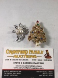 Lot of 2 broach pins, gold tone Christmas tree and floral design silver tone pin with faux pearls