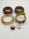 4 bracelets and 2 rings. Bakelite, deco, Mexican, and bone.