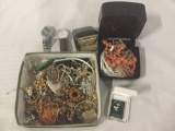 Large collection of estate jewelry. Cardboard box measures approx 8x8x2 inches.