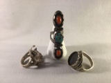 Lot of 3 sterling silver rings, 1 w/ turquoise and coral, 1 marked, approx sizes; 6, 7, 11