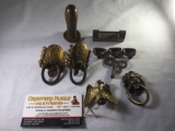Lot of antique metal door knockers, stamp handle, Eagle, drawer pulls, key