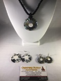 Lot of shell jewelry; matching necklace and earrings set, floral pattern earrings, necklace approx