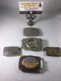 5 metal belt buckles; polished stone desert scene, Fred, horse and more, largest 3x2 inches