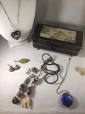 Lot of enamel / gold plate jewelry with box; butterfly earrings, heart pendant, fan pin, bone carved